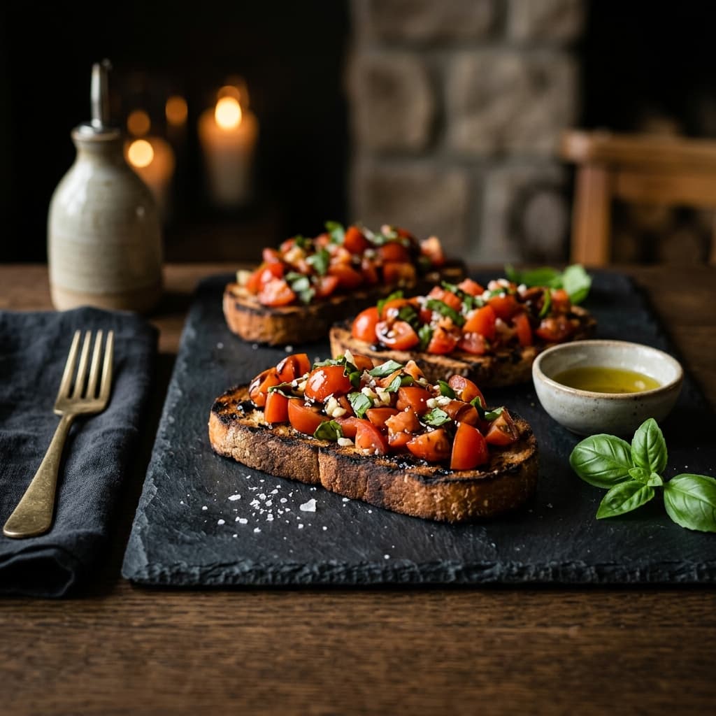 Bruschetta Classica plated with tomato and basil