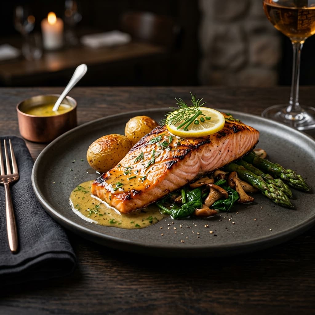 Grilled salmon with lemon butter sauce