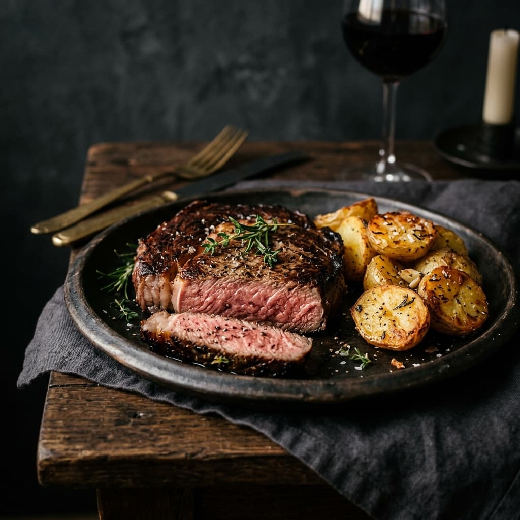 Ribeye steak with roasted potatoes